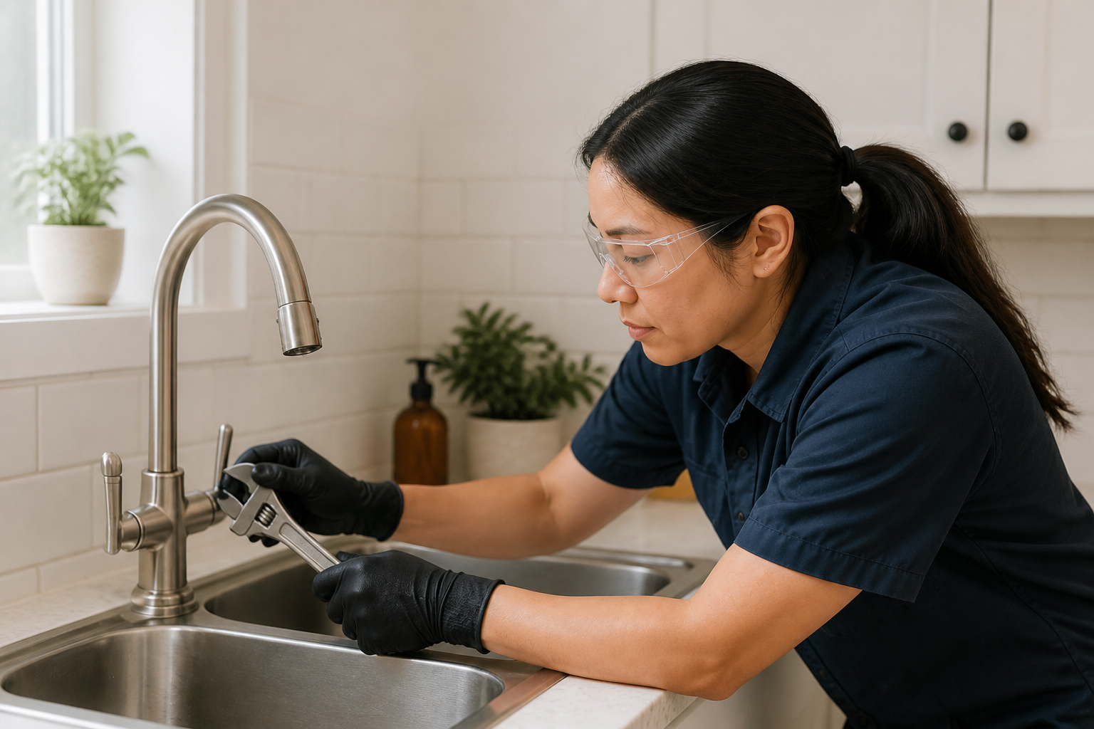 A technician working on a kitchen sink faucet